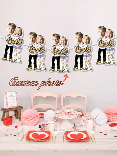 7/14/21pc Customize Photo Leopard Print Couple Banners Garland,Personalized Romantic Couple Face Banner For Valentine'S Day/Anniversary Party Decor,Custom Couple Photo Garland For Home Wall, Party Backdrop