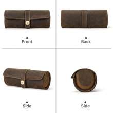 UIEE CONTACTS Joyero Organizador de Viaje hecho a mano Caja de Relojes de Cuero para Hombre Alhajero Portátil para Relojes - Estuche Ideal para Viajes Regalo - café-cierre a presión+para 3-Oval - Ver 3