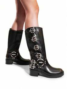 Women's Slip On Knee High Boots Square Toe Chunky Heel Classic Vintage Metallic Buckles Motorcycle Riding Boots - 鏽棕色 - 查看 5