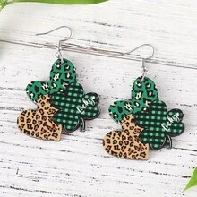 2Pcs St. Patrick's Day Retro Green Shamrock Mini Pendant Earrings, St. Patrick's Day Wooden Double-Sided Earrings Gift For Women Lucky Jewelry - Green - View 9