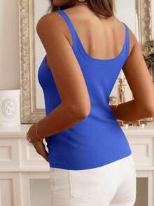 Womens Ribbed Knit Scoop Neck Sleeveless Tank Top Cotton Wife Beater Camisole Shirts - Xanh đậm - Xem 2