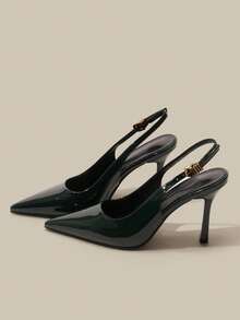 小号女士9.5厘米尖头优雅细高跟鞋，金属装饰踝带，易于穿脱，镜面PU材质，适合日常、派对、通勤、工作等场合。 - 墨綠色 - 查看 4