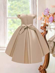 女童纯色缎面刺绣花朵蝴蝶结优雅花童礼服，不含头饰 - 金色 - 查看 2