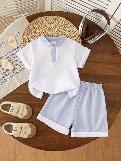 2pcs/Set Boys' Casual Contrast Color Collar T-Shirt Polo Top + Solid Color Shorts Set, Summer