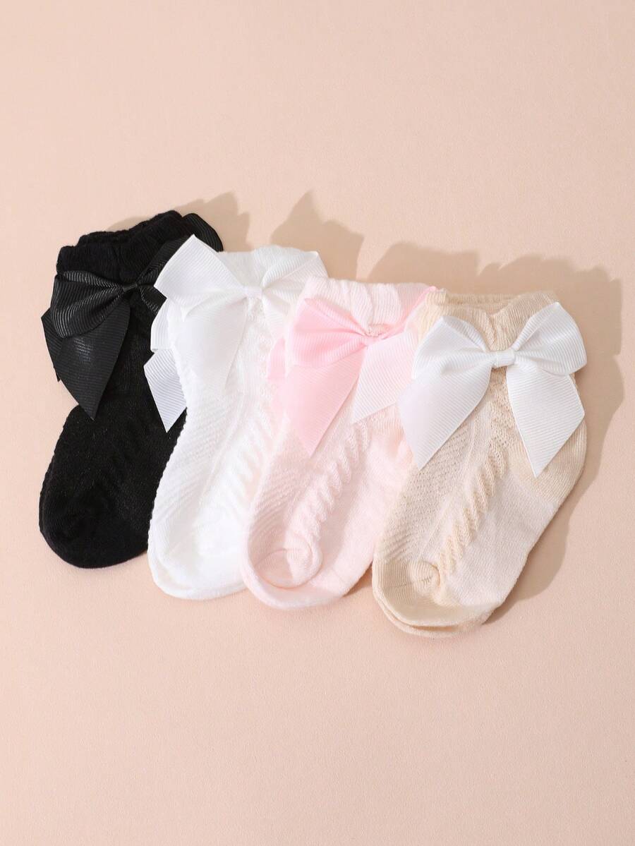 4 pares de calcetines de princesa de unicolor con lazo para bebés niñas, calcetines de malla transpirables para verano, aptos para uso diario - Multicolor - Ver 1