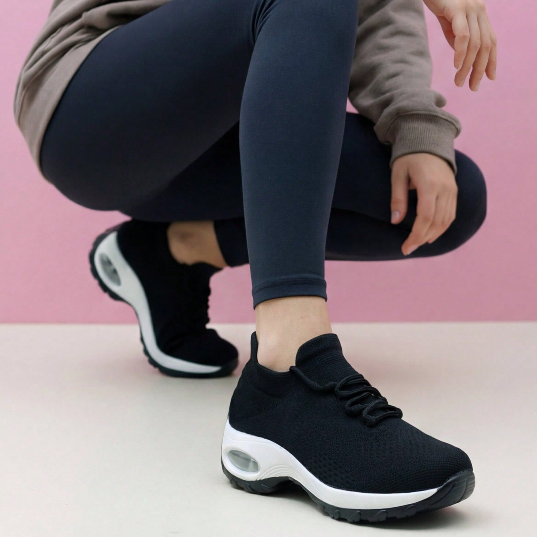 Zapatillas deportivas casuales de mujer con cordones, gris claro, con cojín de aire. Zapatos de baile de punto transpirables, ligeros y transpirables
