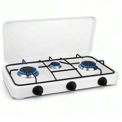 Bakaji Fornello da Cucina a Gas per Esterno con 3 Fuochi e Pomelli Regolatori di Potenza, Piano Cottura con Fornelli Portatile da Campeggio, Casa, Balcone, Coperchio di Chiusura, Alimentazione GPL