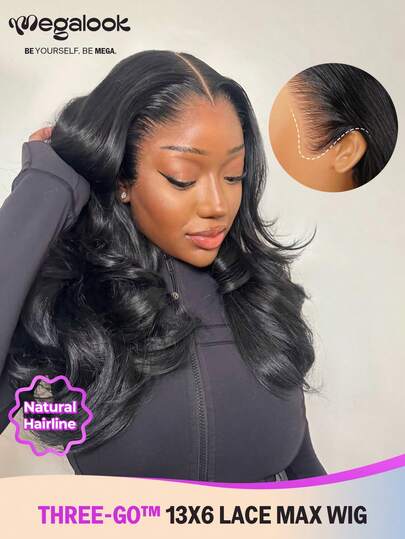 MEGALOOK Upgrade 13x6 Three-Go™ Glueless Wigs Body Wave With Drawstring Lace Front Wigs 100% Human Hair Glueless Wigs Pre Plucked Pre Cut Lace Easy Wear Pre Bleached Knots Ear-To-Ear Lace Frontal Wig 18-26 Inch Natural Black - Bridal Wedding Christmas Party Vacation Ready Red Carpet Back To School Date Night Executive Work Appropriate Wig For