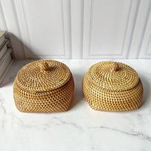 1pc Handmade Rattan Storage Box With Lid, Organizer Box, Small Box, Chess Piece Box, Candy Box, Jewelry Box, Natural Plant Rattan Crafts - Upper Circle and Lower Box - View 6