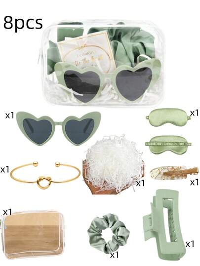 Set de 1/7/8 piezas para invitaciones de boda y damas de honor, que incluye una bolsa transparente para limpieza de maquillaje, diadema, pulsera, pasador de pelo, antifaz y gafas de moda. Recuerdos de la fiesta del novio en verde, adecuado para el Día de San Valentín, Día de la Madre, bodas y reuniones de damas de honor, regalos del Día de San Valentín. Fiesta de Pascua con amigos (Set de 7 piezas, excluyendo el antifaz;)