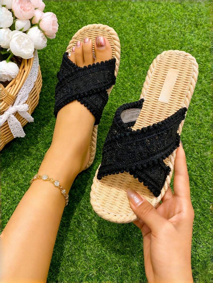Nowość - sandały plażowe, eleganckie, uniwersalne, damskie sandały na płaskim obcasie, damskie sandały z odkrytymi palcami, damskie sandały letnie, damskie sandały płaskie, sandały z odkrytymi palcami, kapcie z odkrytymi palcami, czarne kapcie, czarne sandały, wiosenny strój damski, impreza dla singli, siateczka, frędzle - Czarne - Zobacz 1