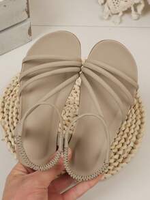 1 Pair Retro Girls' Open Toe Sandals, New Summer Fashion Breathable Slip-On Beach Shoes, Soft Sole Non-Slip - Grey - View 4