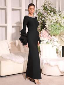 Modphy New Sexy Long Sleeve Round Neck Fishbone Zipper Bodycon Bandage Party Dress - Black - View 6