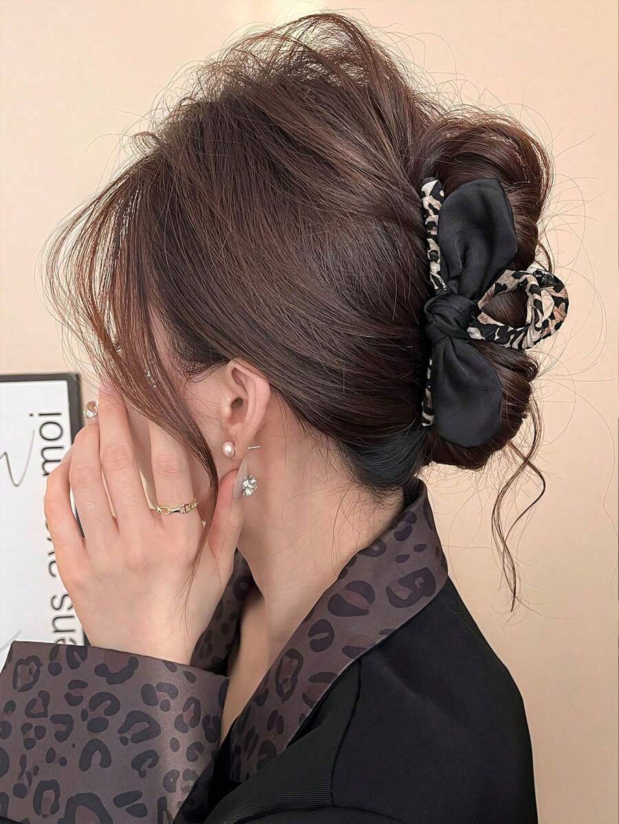 1pc Black Bow Leopard Print Hair Claw Clip, Fashionable Personalized Hair Accessory - Multicolor - View 1