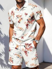 Men's Floral Print Short Sleeve Polo Shirt And Shorts Set - Multicolor - View 5