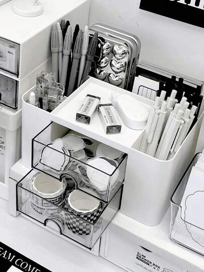 1 pièce Boîte de rangement de bureau à tiroirs multi-compartiments, organisateur de papeterie grande capacité convenant pour le bureau, peut contenir des stylos, crayons, papeterie, blocs-notes, décorations mignonnes, fournitures scolaires