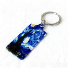 1pc Metal Double-Sided UV Printed Van Gogh Starry Night Oil Painting Keychain, Unisex Fashion Accessory Bag Charm, Suitable As Gift - Multicolor - View 11