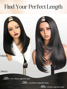 Layered Cut Straight U Part Black Layers Wig Yaki Straight Synthetic Glueless 24inch And 14 Inch Bob Short U Part Bob Wigs For Black Women No Leave Out No Sew In No Glue Clip In Half Wigs - Black - View 4