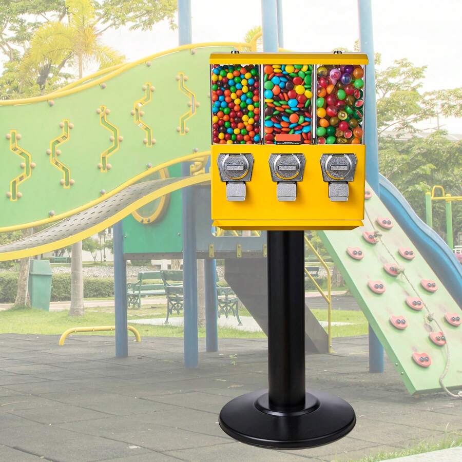 Commercial Vending Machine, Triple Compartment Candy Dispenser With Iron Stand, Gumball And Candy Machine For Business, Coin Operated Gumball Bank For Toy Capsules Bouncy Balls Candy Nut, Yellow - Màu vàng - Xem 1