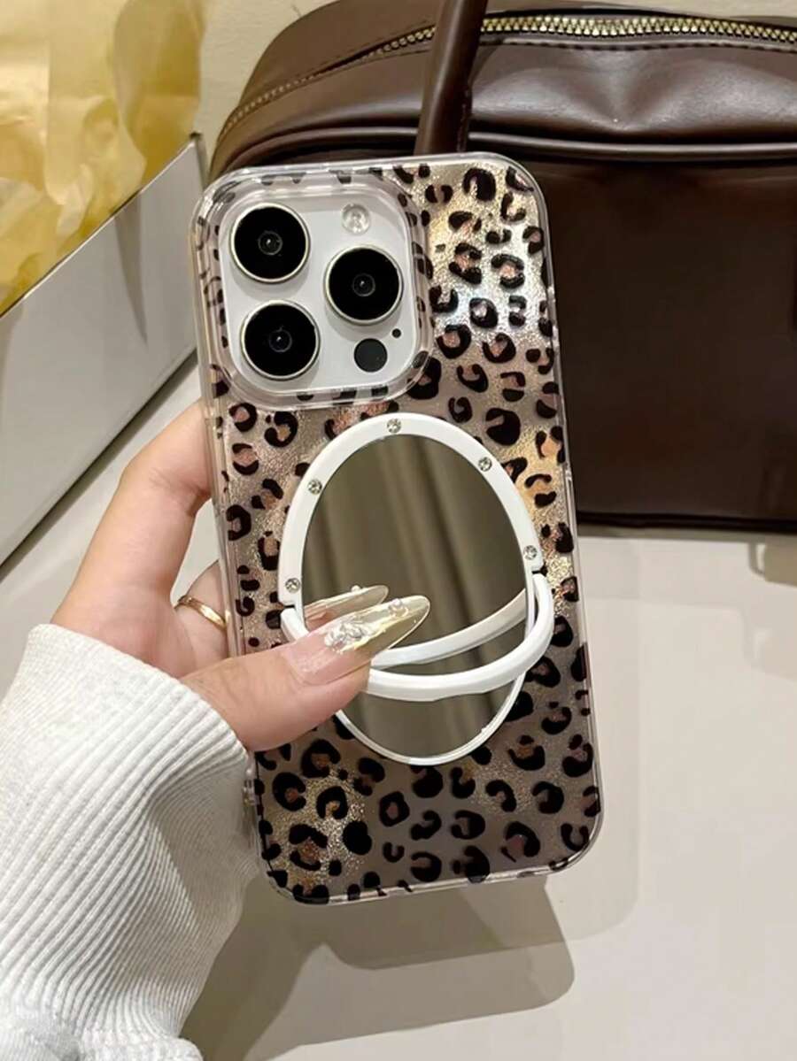 1pc Fashionable Leopard Print Mirror Phone Case Compatible With IPhone 11/12/13/14/15/16 Pro/17 Pro Max, Glowing Full Coverage Protective Case, Valentine's Day Gift - Brown - View 1