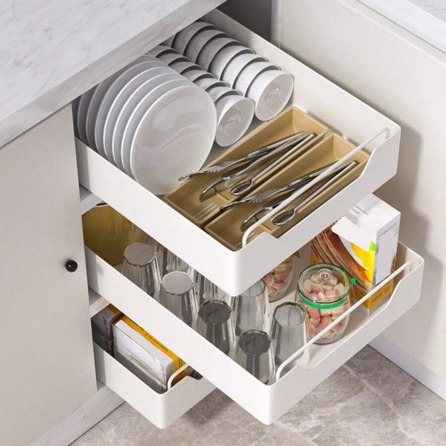 Pull-Out Kitchen Storage Box – No Drilling Required; Removable Single-Tier Design Saves Space