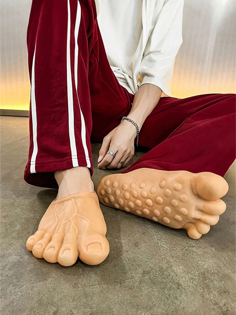均码趣味拖鞋,创意逼真大脚设计,男女通用室内趾拖鞋,适合万圣节、愚人节恶搞礼物、网红舞会、小丑装扮拍照道具,适合鞋码36-42,脚长23-25.5厘米 - B-卡其 - 查看 1