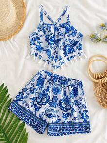 Set de 2 bucăți de vară, top camisol cu imprimeu floral retro vintage și decor cu ciucuri + set de pantaloni scurți casual cu imprimeu floral retro vintage, pentru fete tinere - Albastru regal - Vizualizare 2