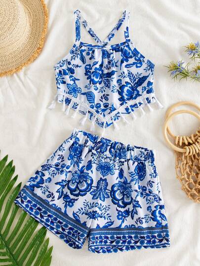 2件套夏季新款复古碎花印花吊带背心（带流苏装饰）+复古碎花印花休闲短裤套装，适合年轻女孩