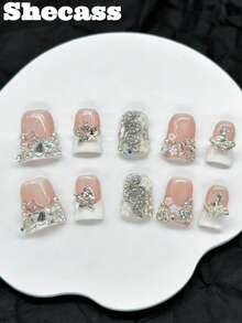 10片手工制作的法式短鸭嘴美甲贴片，3D立体装饰美甲，包含3个美甲工具和胶水，适合女性和女孩在派对、旅行、日常、上学、音乐活动、夏季和度假时使用。 - 彩色 - 查看 1