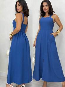 Long Dress Simple Elegant Casual Button Split Side Slit Women Wedding - quần jean xanh - Xem 1