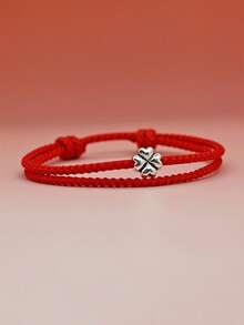 1pc Adjustable Handmade Red Four-Leaf Clover Bracelet, Unisex Lucky Rope Jewelry Accessory, Minimalist Design - Red - View 8