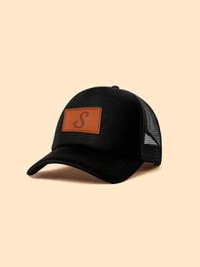 1顶儿童黑色26字母图案棕色皮革贴片卡车司机帽，时尚百搭复古透气镂空设计棒球帽，适合作为生日和节日礼物，是男孩女孩春夏休闲、上学、户外活动的理想之选。 - 黑色 - 查看 11