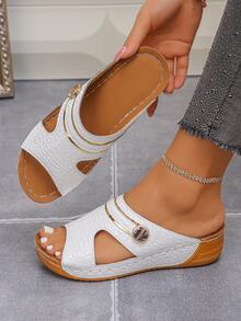 Plus Size 36-45 Summer Fashion Casual Simple Brown Wedge Sandals, Daily & Outdoor White Crocodile Pattern Roman Open Toe Lightweight Comfortable Versatile Women Wedge Platform Sandals - White Crocodile Pattern - View 5