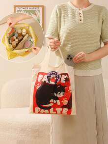 Korean Style Foldable Shopping Bag | Top-Rated Cute Kitten ,Puppy Print Large Capacity Reusable Polyester Grocery Tote,Transparent Card Sleeve, Portable Shopping Bag,Durable Sturdy Handle Commuter Pouch | Unisex Fashion Daily Use Shopping Accessory | Perfect For Grocery Shopping, Daily Commute, Travel & Errands | Ideal Gift For Animal Lovers | Lightweight Foldable Design For Easy Storage & Portability - Multicolor - View 7