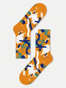 1/3 paire Chaussettes d'équipage en coton peigné décontractées unisexes pour couple, motif ligne de graffiti couleur contrastée et art abstrait. Convient pour les voyages, la maison, le bureau, les cadeaux de fête - Multicolore - Voir 15