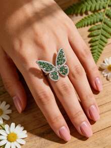 1pc Silver Multi-Color Copper Plated Gold Butterfly Shape Ring With Cubic Zirconia, Suitable For Everyday Wear - Black - View 8