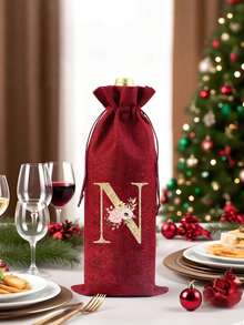 1 Personalized Linen Bottle Storage Drawstring Bag With Flower Gold Initials A-Z Printed On It, Bottle Cover, Coarse Linen Storage Bag, Linen Gift Bag, Wine Set, Beer Bottle Set, Bar Table Atmosphere Set. Equipped With A Drawstring To Prevent Dust, Reusable And Durable, Used For Storing Wine Bottles. - Multicolor - View 8