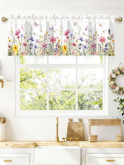 1pc Spring Wildflower Curtain Valances For Windows, 140x45cm Spring Floral Butterfly Kitchen Curtains, Polyester Rod Pocket Short Curtains, Window Treatments For Bedroom Bathroom Living Room Decor, Spring Summer Home Decor