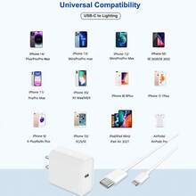 30W墙式充电器适配器，配备3.3英尺/6.6英尺USB-C转Lightning数据线，快速充电电源适配器，兼容 14/13/12/11 Pro Max Plus，便携式充电套装 - 美規A型插(110-127V) - 查看 9