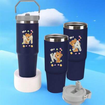 双层保温旅行咖啡杯 大容量不锈钢杯 便携式户外运动水壶 多功能保温杯 可盛装冷热饮品 可定制26个字母的姓名首字母图案