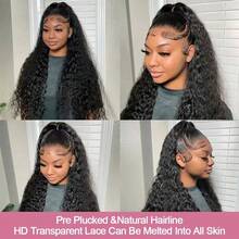 NATAN 34 Inch 200% Density 13x4 HD Black Lace Frontal Wig Long Deep Wave Wig Synthetic Heat Resistant Fiber Hair Wigs Premium Cruly Natural Black 13*4 Hairpiece Wigs For Women With HD Transparent Lace Water Wave Wigs - Natural & Black - View 5