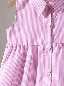 女婴夏季新款条纹无袖翻领纽扣休闲衬衫裙，粉色条纹多层荷叶边裙 - 粉色 - 查看 6
