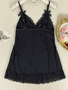 2pcs/1 Set Sexy Women Sheer Lace Camisole Nightgown, Suitable For Loungewear And Romantic Dates, Sexy Sleepwear - 黑色 - 查看 6