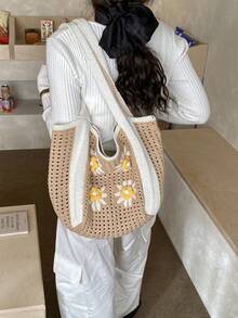 Dedoo Bohemian Style Women's Handbag, Large Capacity Open-Top Tote, Beach Bag, Travel Accessory, Woven Texture, Suitable For Work, School, Beach, Crochet, Holiday (Flower Color/Position Random) (Strap Color/Pattern Random) - Apricot - View 4