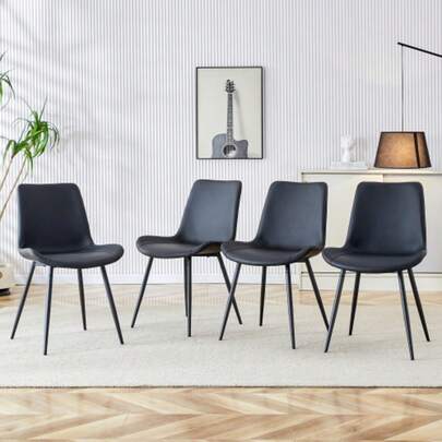 4-Piece Set Of Modern Dining Chairs In Black With PU Cover And Metal Frame - Wide Seats With Backrest, Ideal For Dining Rooms, Home Office And Various Living Areas.