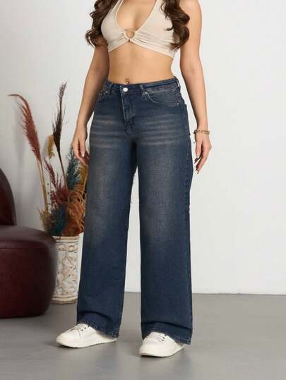 Kadın Soluk Efekt Vintage Yüksek Bel Wide Leg Jeans