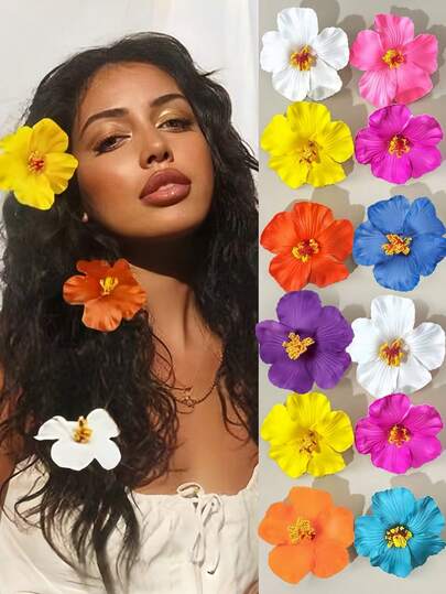 6 st/set färgglada hibiskushårspännen, hawaiiansk stil, livfulla naturliga färger, som riktiga blommor att klämma fast i håret - lämplig för tjejer och kvinnor, passar för strandsemester, daglig utflykt, fest, flexibel matchning för olika stilar