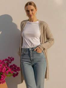 Blusa Feminina Tricot Meia Estação Manga Longa Texturizada Casaco Blazer Casual Tricô Inverno - Bege e Branco - Visão 3