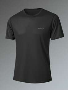 Men's Fitness Quick-Dry Elastic Sportswear, Casual Workout Solid Color Short Sleeve Top, Running Black - Black - View 2