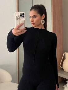 Women's Ribbed Jumpsuit With Front Zipper And Long Sleeves - Black - View 4